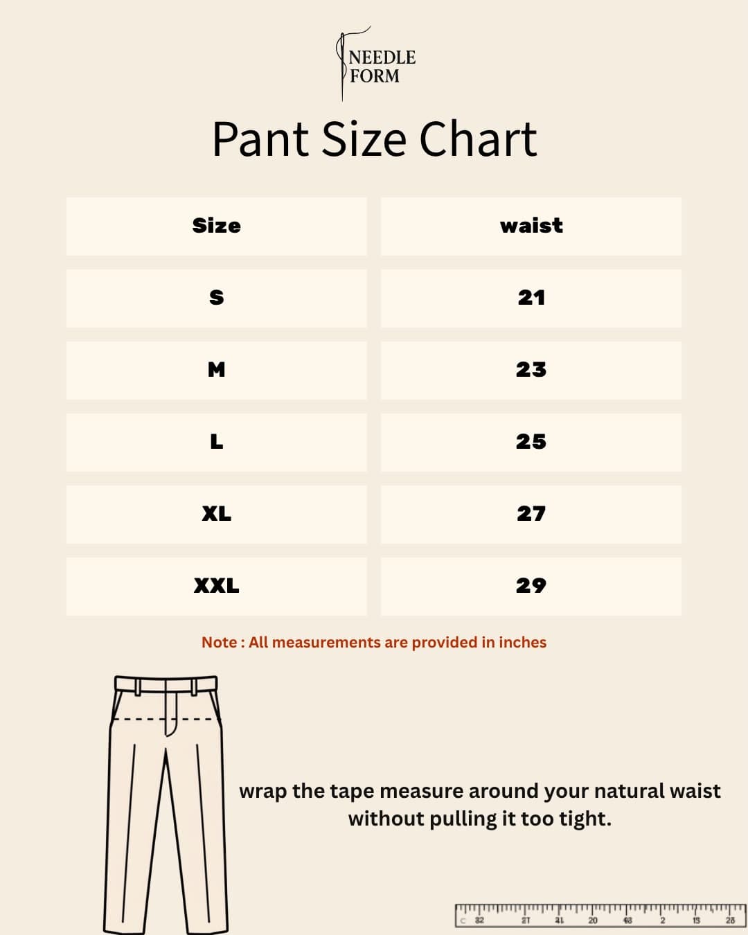 Needle Form Pant Size Chart